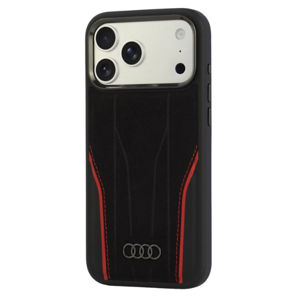 Dėklas Audi R8 Genuine Leather MagSafe Case for iPhone 18 Pro Max / 17 Pro Max - Juodas and Raudona aprašymas - Prekės nuotrauka
