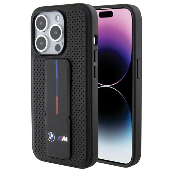 BMW Grip Stand Smooth & Perforated dėklas iPhone 15 Pro - juodas aprašymas - Prekės nuotrauka