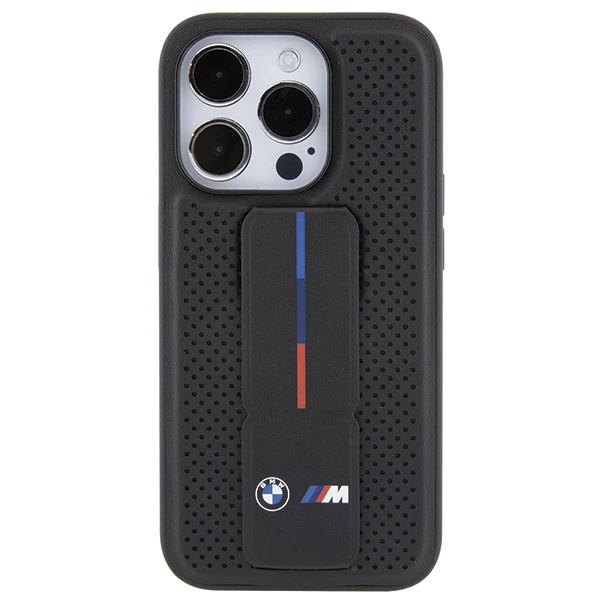 BMW Grip Stand Smooth & Perforated dėklas iPhone 15 Pro - juodas aprašymas - Prekės nuotrauka