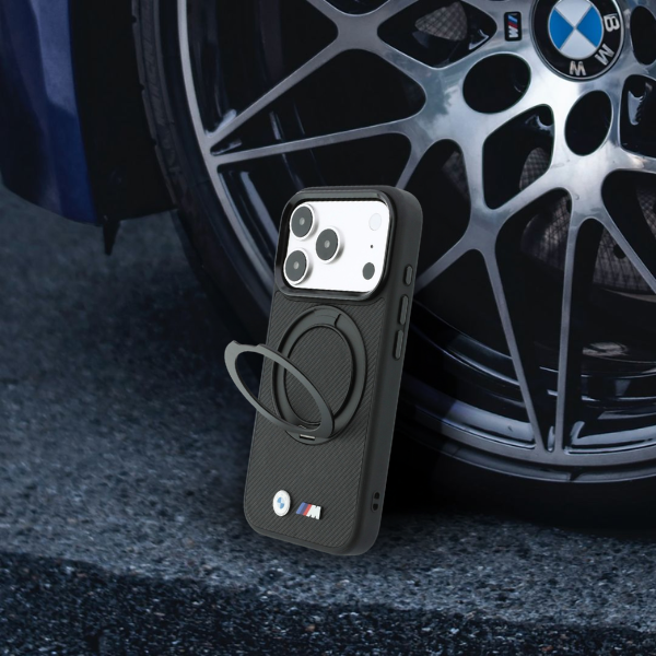 Dėklas BMW Kevlar Ring Stand 360 MagSafe Case for iPhone 18 Pro / 17 Pro - Juodas aprašymas - Prekės nuotrauka