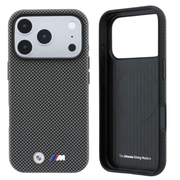 Dėklas BMW M Quadrille Kevlar Metal Logo MagSafe Case for iPhone 17 Pro Max / 18 Pro Max - Gray aprašymas - Prekės nuotrauka