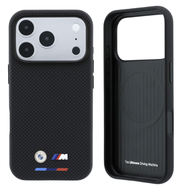 Dėklas BMW M Quadrille Kevlar Tricolor & Metal Logo MagSafe Case, skirtas iPhone 17 Pro / 18 Pro - Juoda aprašymas - Prekės nuotrauka