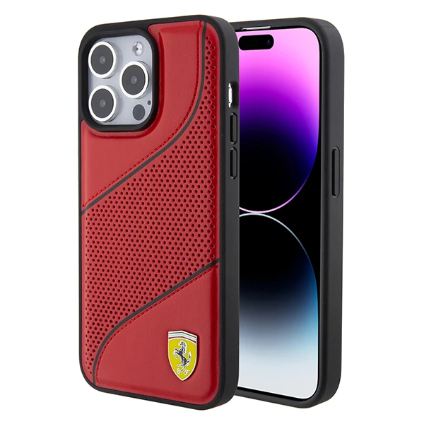 Ferrari Perforated Waves Metal Logo - dėklas skirtas Apple iPhone 15 Pro Raudona aprašymas - Prekės nuotrauka