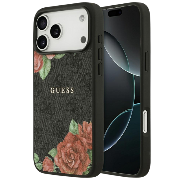 „Guess 4G“ gėlių rašto „MagSafe“ dėklas, skirtas „iPhone 17 Pro“ - juodas aprašymas - Prekės nuotrauka „Guess 4G“ gėlių rašto „MagSafe“ dėklas, skirtas „iPhone 17 Pro“ - juodas aprašymas - Prekės nuotrauka