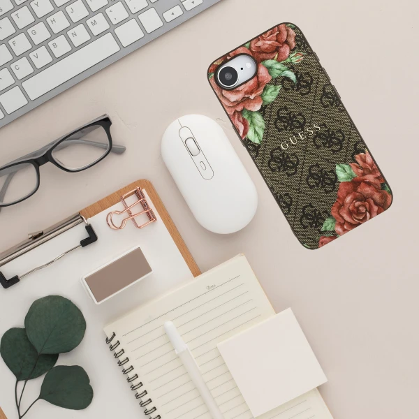 Guess 4G Flowers Print MagSafe dėklas iPhone 16e - ruda aprašymas - Prekės nuotrauka