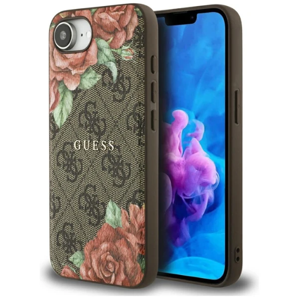 Guess 4G Flowers Print MagSafe dėklas iPhone 16e - ruda aprašymas - Prekės nuotrauka