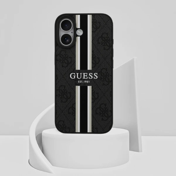 „Guess 4G“ dryžuotas „MagSafe“ dėklas, skirtas „iPhone 17“ - juodas aprašymas - Prekės nuotrauka „Guess 4G“ dryžuotas „MagSafe“ dėklas, skirtas „iPhone 17“ - juodas aprašymas - Prekės nuotrauka