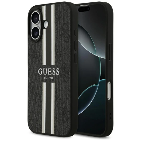 „Guess 4G“ dryžuotas „MagSafe“ dėklas, skirtas „iPhone 17“ - juodas aprašymas - Prekės nuotrauka „Guess 4G“ dryžuotas „MagSafe“ dėklas, skirtas „iPhone 17“ - juodas aprašymas - Prekės nuotrauka