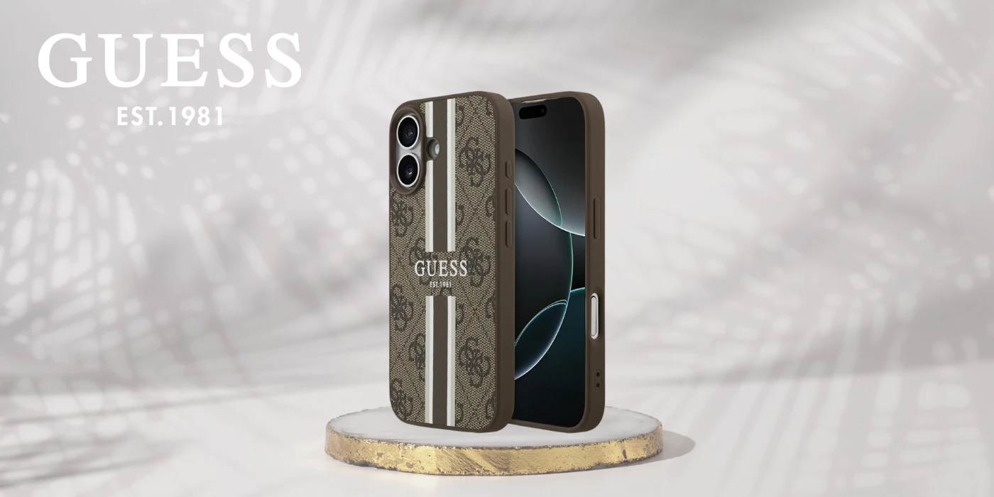 „Guess 4G“ dryžuotas „MagSafe“ dėklas, skirtas „iPhone 17“ – ruda aprašymas - Prekės nuotrauka