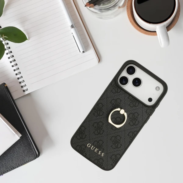 Dėklas Guess 4G Ring Stand case for iPhone 17 Pro Max - juodas aprašymas - Prekės nuotrauka
