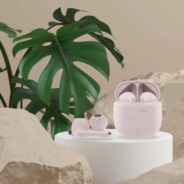 Guess ausinės Bluetooth GUTWSJ14ESGP TWS rožinės spalvos Printed Classic Logo aprašymas - Prekės nuotrauka