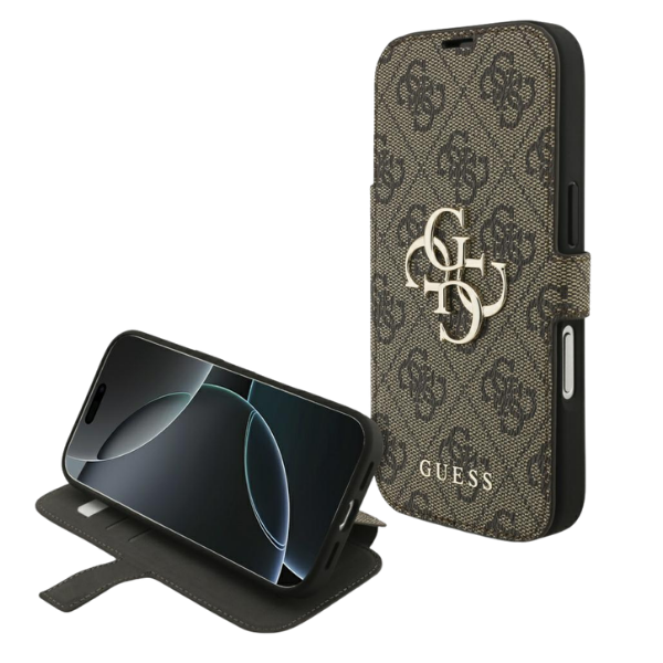 Dėklas Guess Book 4G Metal Logo Case for iPhone 18 Pro / 17 Pro - Brown aprašymas - Prekės nuotrauka