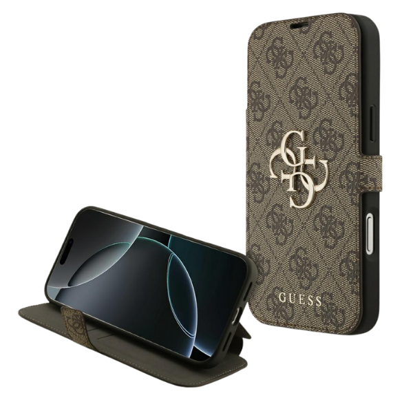 Dėklas Guess Book 4G Metal Logo Case for iPhone 18 Pro Max / 17 Pro Max - Brown aprašymas - Prekės nuotrauka