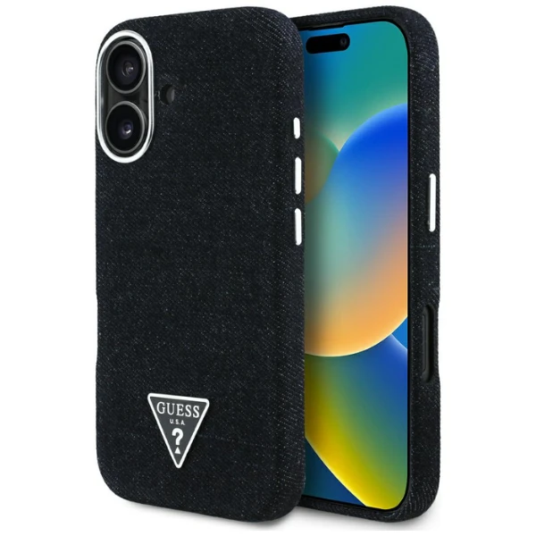 Guess Denim Triangle Logo MagSafe dėklas iPhone 16 - juodas aprašymas - Prekės nuotrauka Guess Denim Triangle Logo MagSafe dėklas iPhone 16 - juodas aprašymas - Prekės nuotrauka