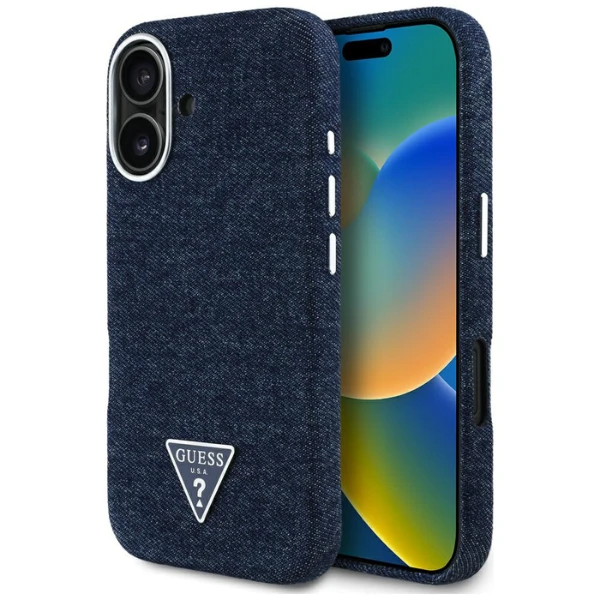 Guess Denim Triangle Logo MagSafe iPhone 16 Dėklas - Mėlyna aprašymas - Prekės nuotrauka