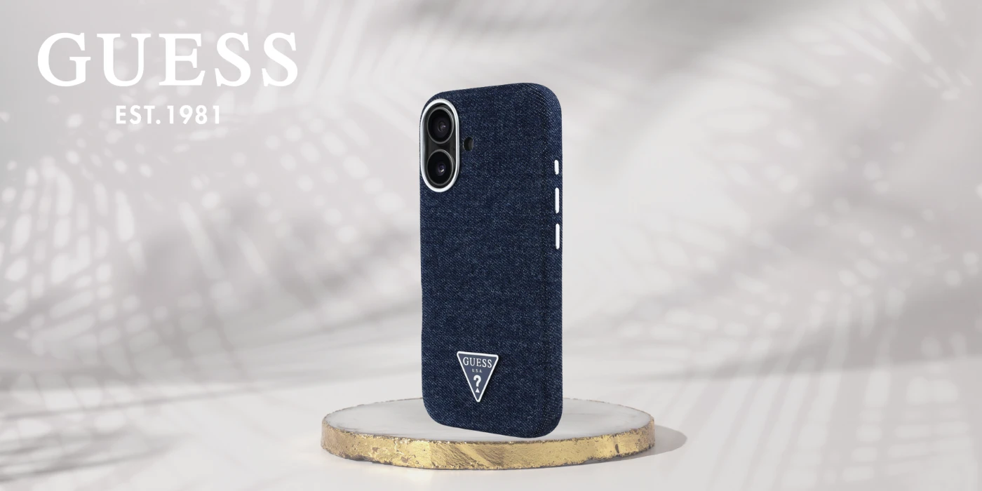 Guess Denim Triangle Logo MagSafe iPhone 16 Dėklas - Mėlyna aprašymas - Prekės nuotrauka