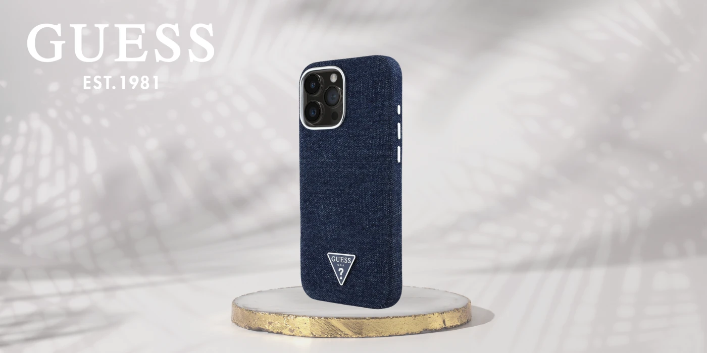 Guess Denim Triangle Logo MagSafe iPhone 16 Pro Dėklas - Mėlyna aprašymas - Prekės nuotrauka