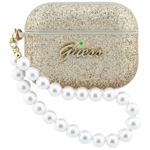 Dėklas „Guess“ blizgantis perlų dirželis, skirtas „AirPods Pro 3“ ausinėms – auksinis aprašymas - Prekės nuotrauka Dėklas „Guess“ blizgantis perlų dirželis, skirtas „AirPods Pro 3“ ausinėms – auksinis aprašymas - Prekės nuotrauka