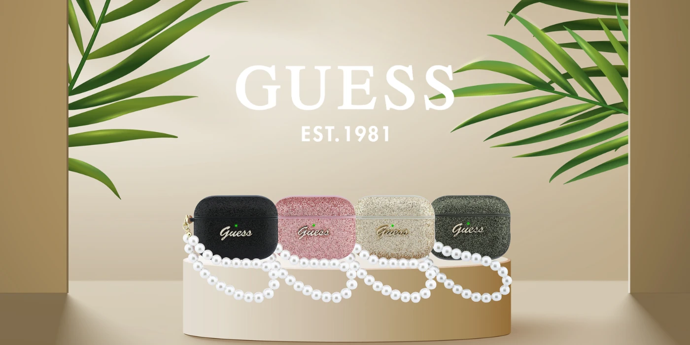 „Guess“ blizgantis perlų dirželio dėklas, skirtas „AirPods Pro 3“ ausinėms – juodas ir blizgučiai aprašymas - Prekės nuotrauka
