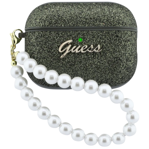 „Guess“ blizgantis perlų dirželio dėklas, skirtas „AirPods Pro 3“ ausinėms – juodas ir blizgučiai aprašymas - Prekės nuotrauka