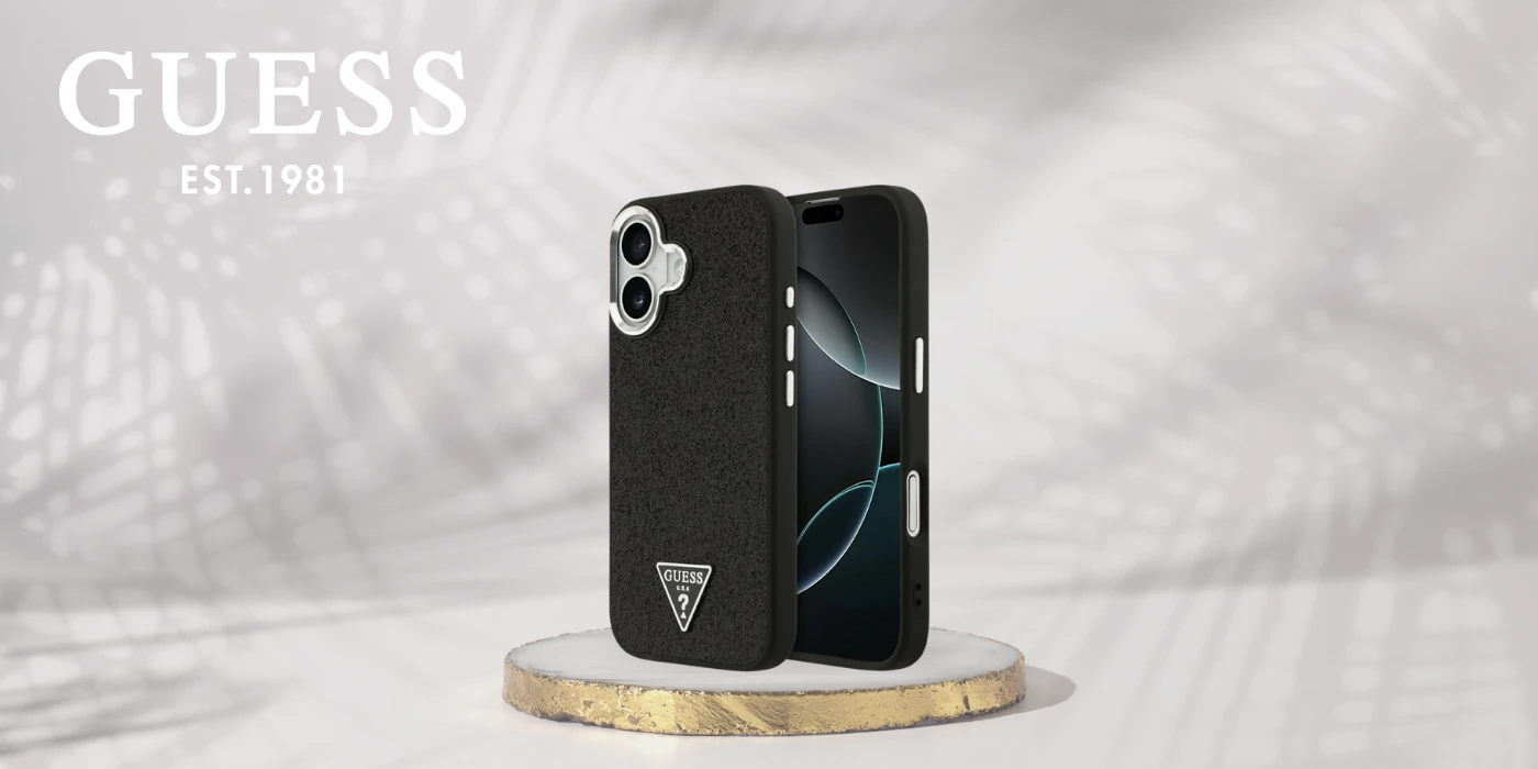 „Guess“ blizgantis trikampio formos logotipo „MagSafe“ dėklas, skirtas „iPhone 17“ – Juodas aprašymas - Prekės nuotrauka