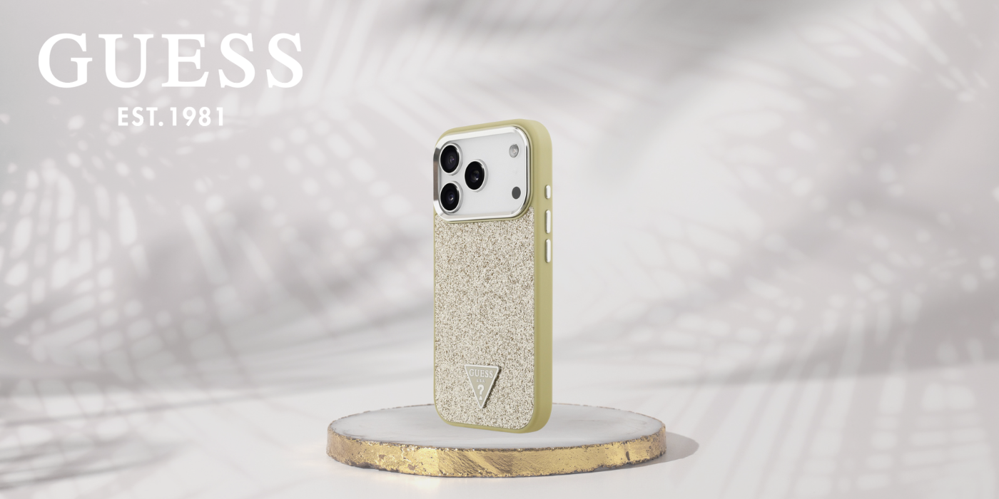 Dėklas „Guess“ blizgantis trikampio formos logotipas su „MagSafe“ dėklu, skirtu „iPhone 17 Pro“ – auksinis aprašymas - Prekės nuotrauka