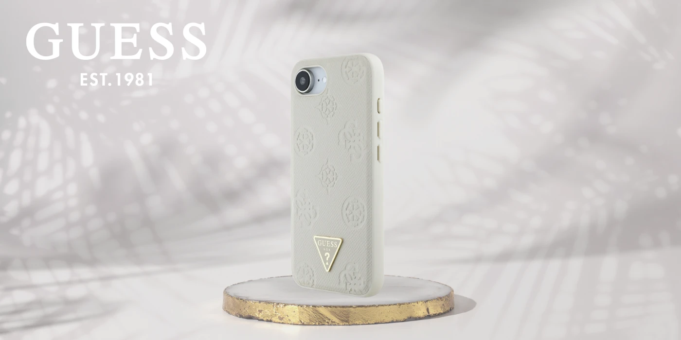 „Guess“ „Grained Hot Stamp Peony Triangle Logo MagSafe“ dėklas, skirtas „iPhone 16e“ – smėlio spalvos aprašymas - Prekės nuotrauka