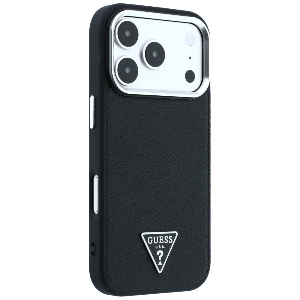 Guess Grained Triangle Logo MagSafe dėklas, skirtas iPhone 17 Pro Max / 18 Pro Max – Juoda aprašymas - Prekės nuotrauka