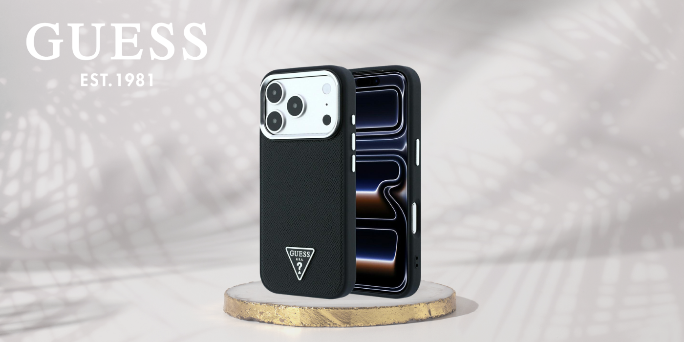 Guess Grained Triangle Logo MagSafe dėklas, skirtas iPhone 17 Pro Max / 18 Pro Max – Juoda aprašymas - Prekės nuotrauka