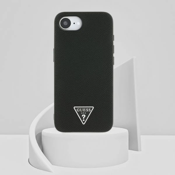 Guess Grained Triangle MagSafe dėklas iPhone 16e - juodas aprašymas - Prekės nuotrauka