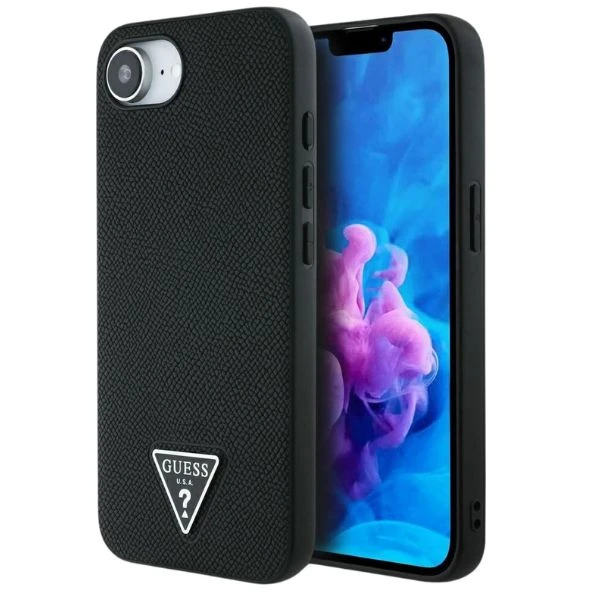 Guess Grained Triangle MagSafe dėklas iPhone 16e - juodas aprašymas - Prekės nuotrauka