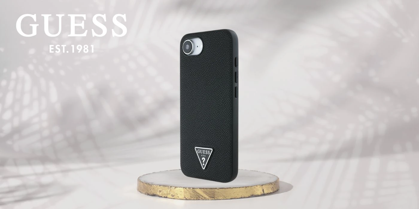 Guess Grained Triangle MagSafe dėklas iPhone 16e - juodas aprašymas - Prekės nuotrauka