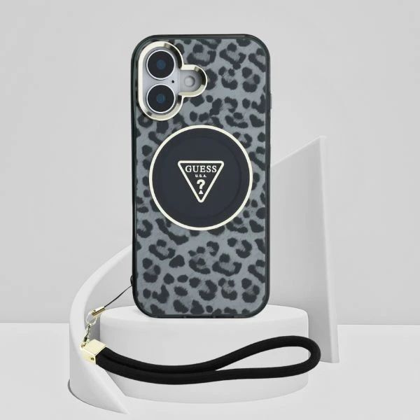 Guess HC IML Leopard Triangle Cord Strap Apple iPhone 16 MagSafe dėklas telefonui juodos spalvos aprašymas - Prekės nuotrauka