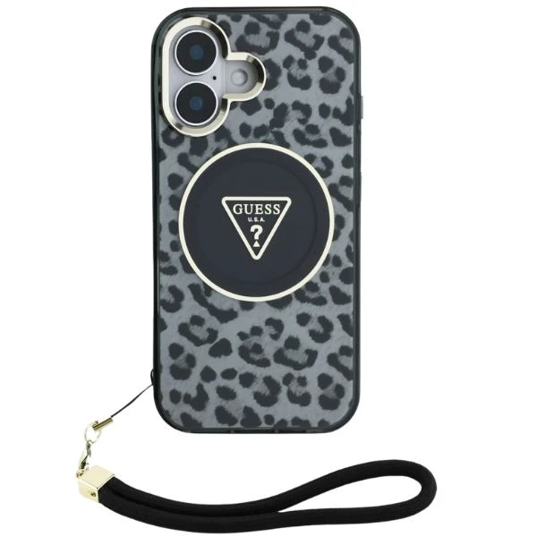 Guess HC IML Leopard Triangle Cord Strap Apple iPhone 16 MagSafe dėklas telefonui juodos spalvos aprašymas - Prekės nuotrauka