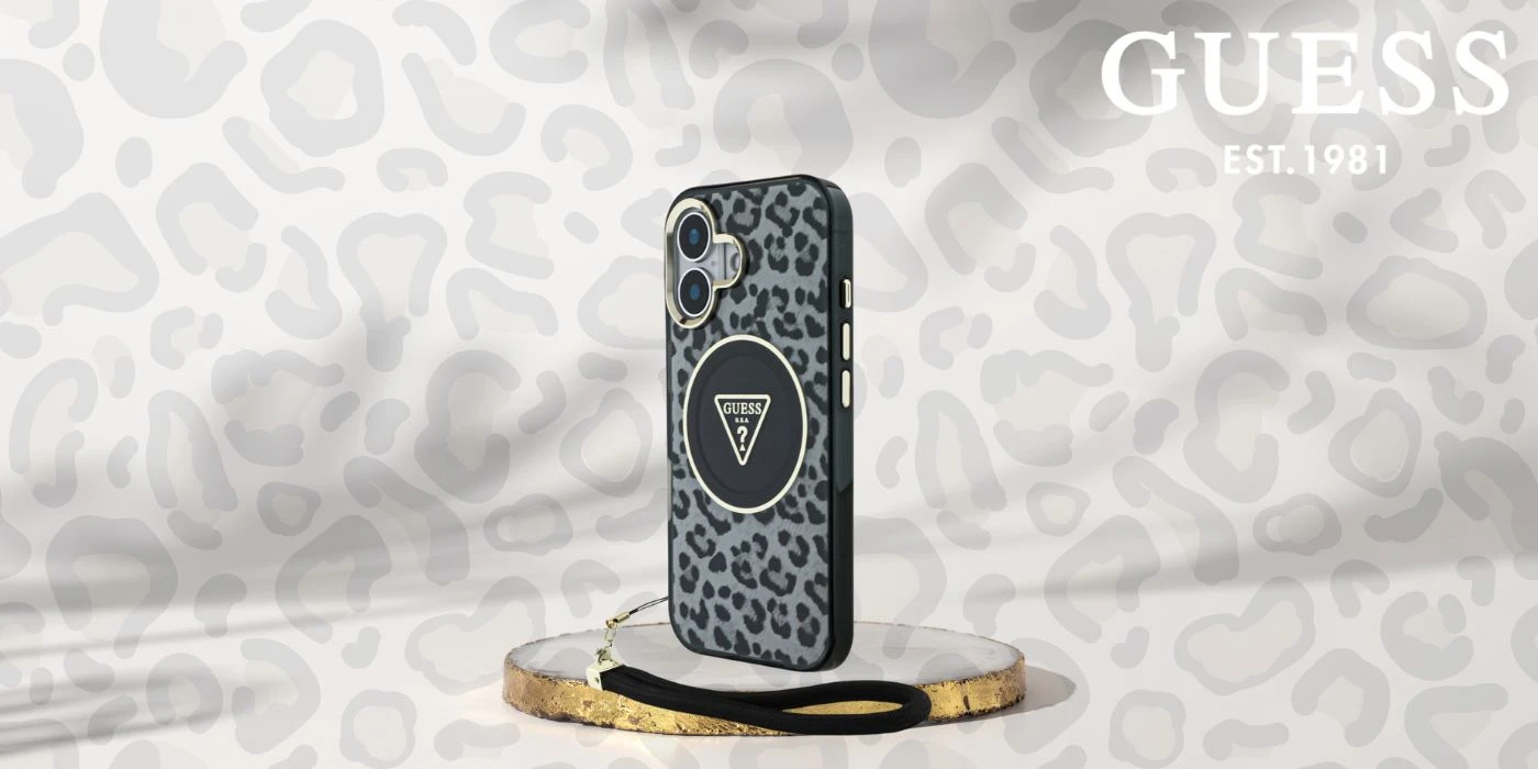 Guess HC IML Leopard Triangle Cord Strap Apple iPhone 16 MagSafe dėklas telefonui juodos spalvos aprašymas - Prekės nuotrauka