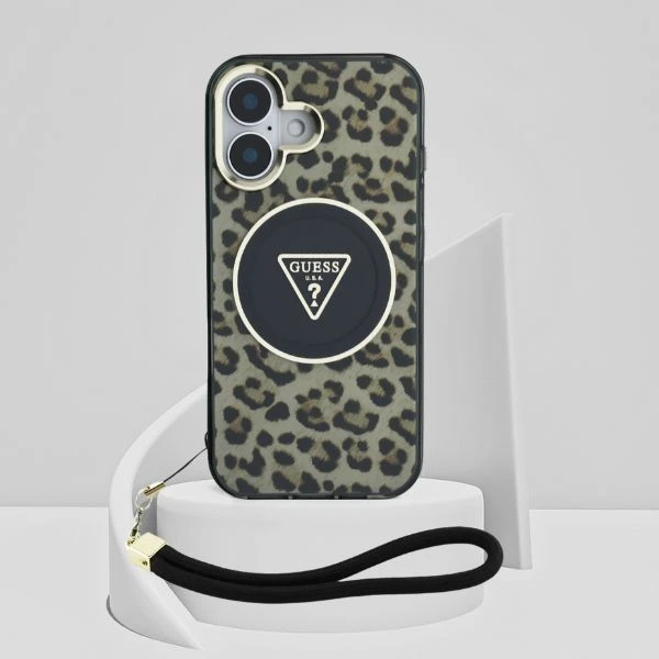 Guess HC IML Leopard Triangle Cord Strap Apple iPhone 16 MagSafe dėklas telefonui aprašymas - Prekės nuotrauka