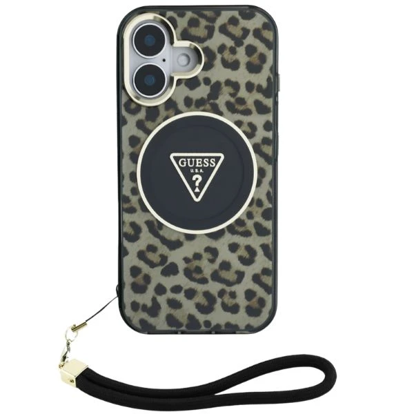 Guess HC IML Leopard Triangle Cord Strap Apple iPhone 16 MagSafe dėklas telefonui aprašymas - Prekės nuotrauka