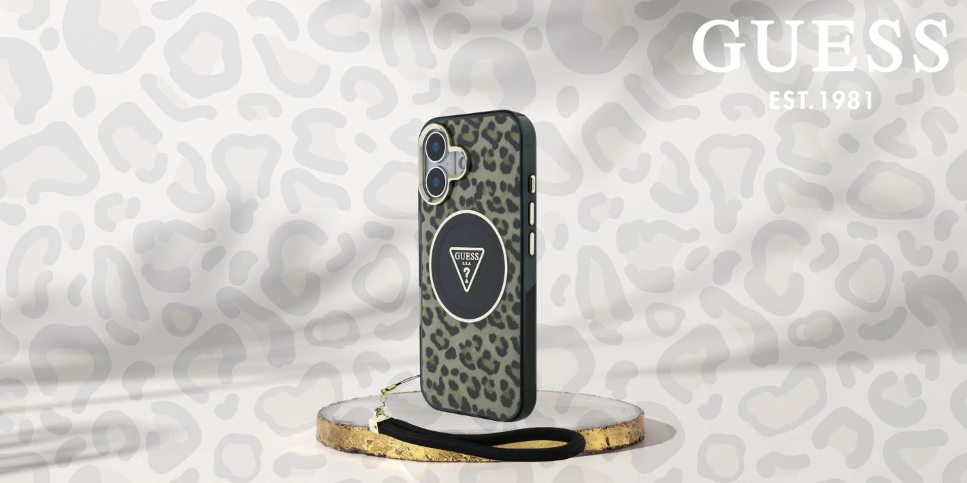 Guess HC IML Leopard Triangle Cord Strap Apple iPhone 16 MagSafe dėklas telefonui aprašymas - Prekės nuotrauka