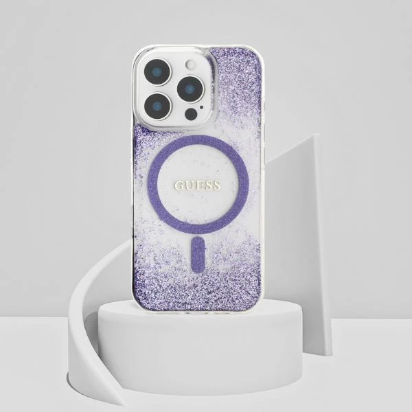 Dėklas Guess HC Resin Bottom Glitter Apple iPhone 16 Pro Max MagSafe violetinės spalvos aprašymas - Prekės nuotrauka