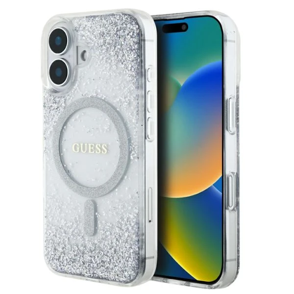 Dėklas Guess HC Resin Bottom Glitter Apple iPhone 16 MagSafe sidabro spalvos aprašymas - Prekės nuotrauka Dėklas Guess HC Resin Bottom Glitter Apple iPhone 16 MagSafe sidabro spalvos aprašymas - Prekės nuotrauka