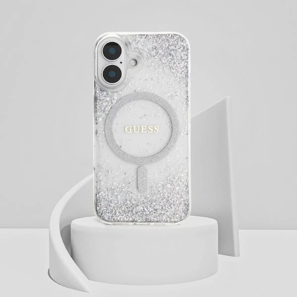 Dėklas Guess HC Resin Bottom Glitter Apple iPhone 16 MagSafe sidabro spalvos aprašymas - Prekės nuotrauka Dėklas Guess HC Resin Bottom Glitter Apple iPhone 16 MagSafe sidabro spalvos aprašymas - Prekės nuotrauka
