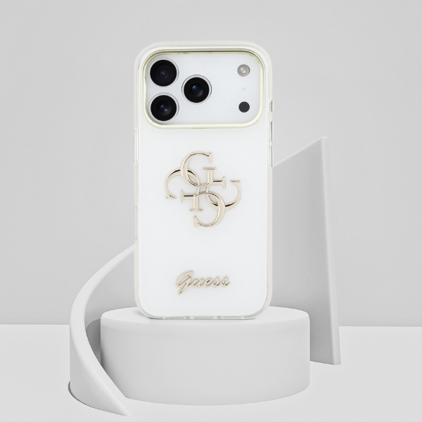 Dėklas Guess IML 4G Script Metal Case for iPhone 17 Pro / 18 Pro - Baltas aprašymas - Prekės nuotrauka