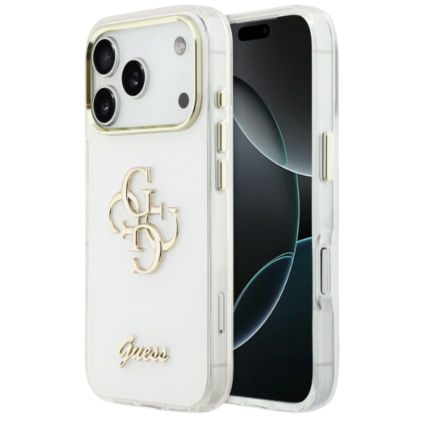 Dėklas Guess IML 4G Script Metal Case for iPhone 17 Pro Max / 18 Pro Max - Baltas aprašymas - Prekės nuotrauka