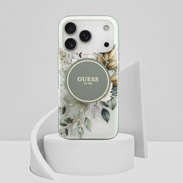 „Guess IML Flower & Tonal Circle“ „MagSafe“ dėklas, skirtas „iPhone 17 Pro“ - žalias aprašymas - Prekės nuotrauka