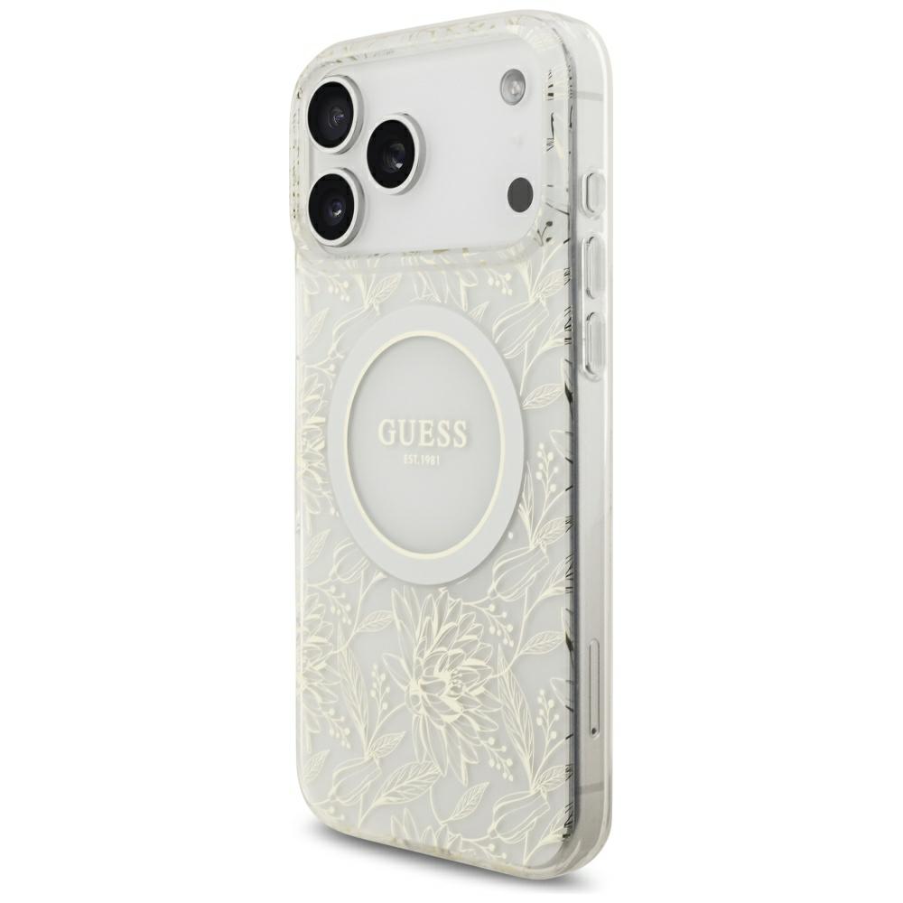 Dėklas Guess IML Flowers Allover Electroplated with Pearl Strap MagSafe Case, skirta iPhone 18 Pro / 17 Pro – balta aprašymas - Prekės nuotrauka