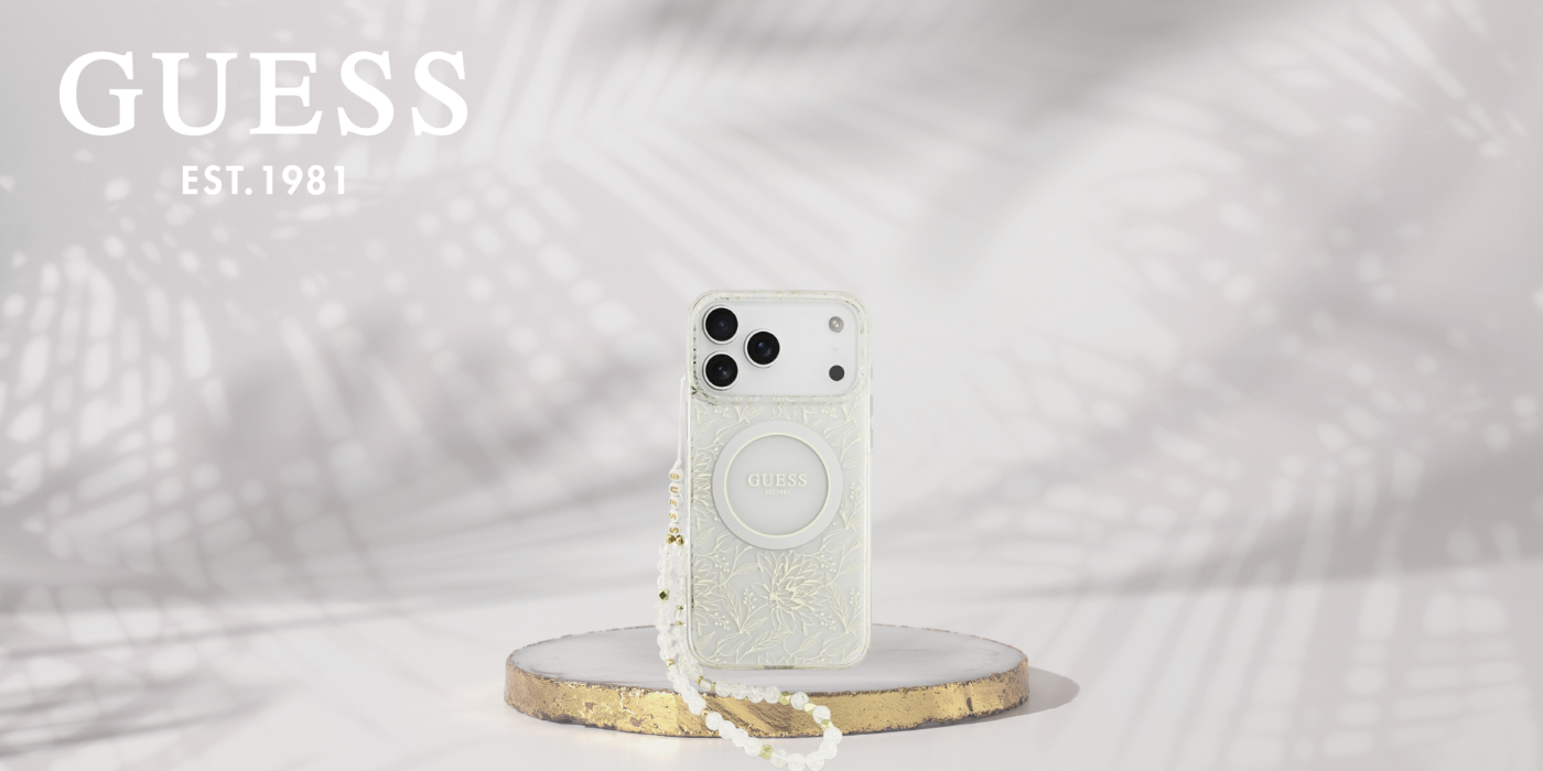 Dėklas Guess IML Flowers Allover Electroplated with Pearl Strap MagSafe Case, skirta iPhone 18 Pro / 17 Pro – balta aprašymas - Prekės nuotrauka