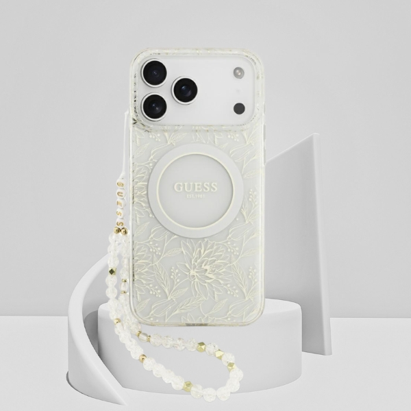 Dėklas Guess IML Flowers Allover Electroplated with Pearl Strap MagSafe Case, skirta iPhone 18 Pro / 17 Pro – balta aprašymas - Prekės nuotrauka