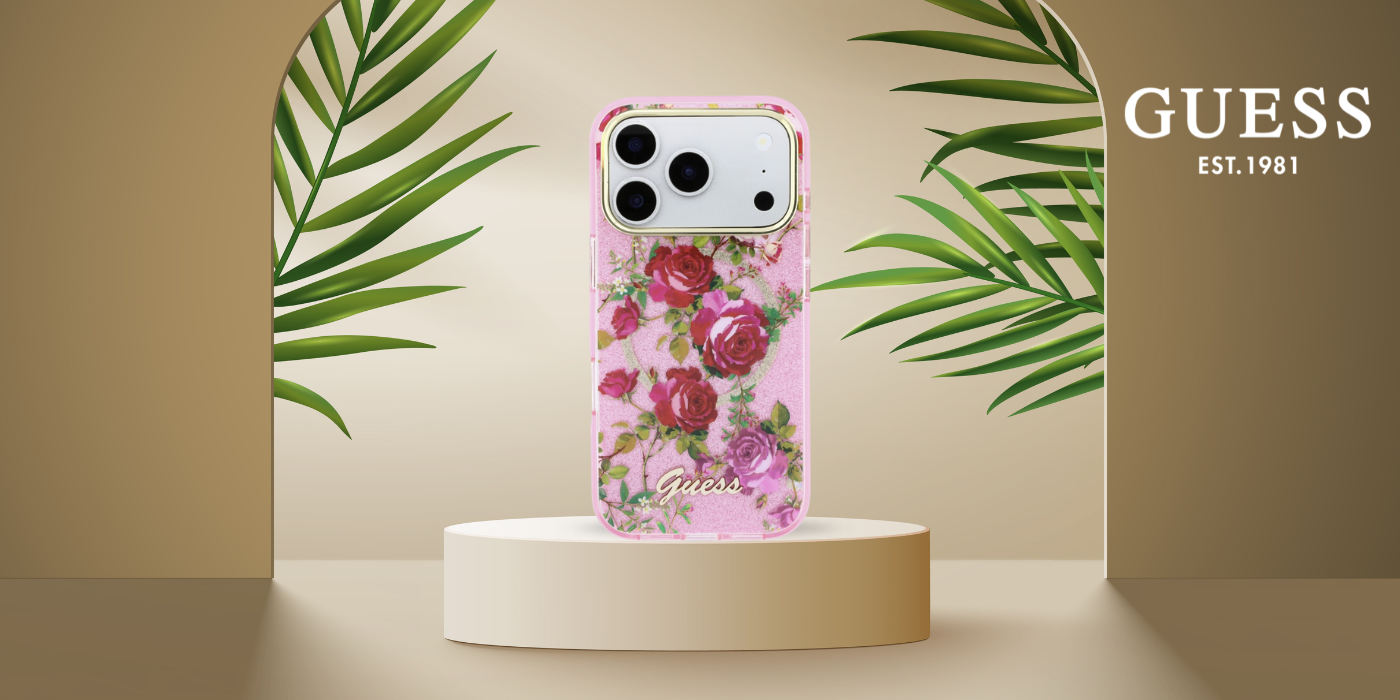 Dėklas Guess IML Glitter Blossom Roses Case for iPhone 17 Pro / 18 Pro - Rožinė aprašymas - Prekės nuotrauka