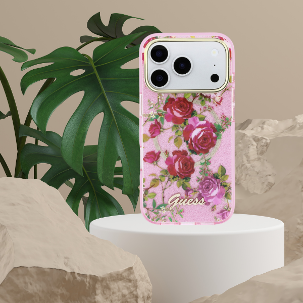 Dėklas Guess IML Glitter Blossom Roses Case for iPhone 17 Pro / 18 Pro - Rožinė aprašymas - Prekės nuotrauka