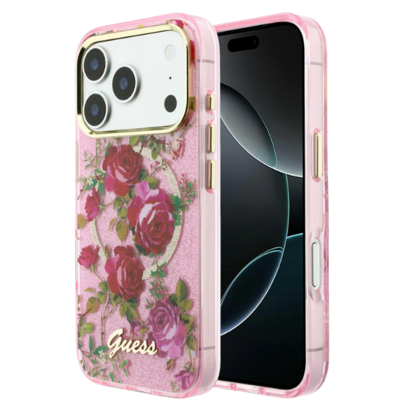 Dėklas Guess IML Glitter Blossom Roses Case for iPhone 17 Pro / 18 Pro - Rožinė aprašymas - Prekės nuotrauka